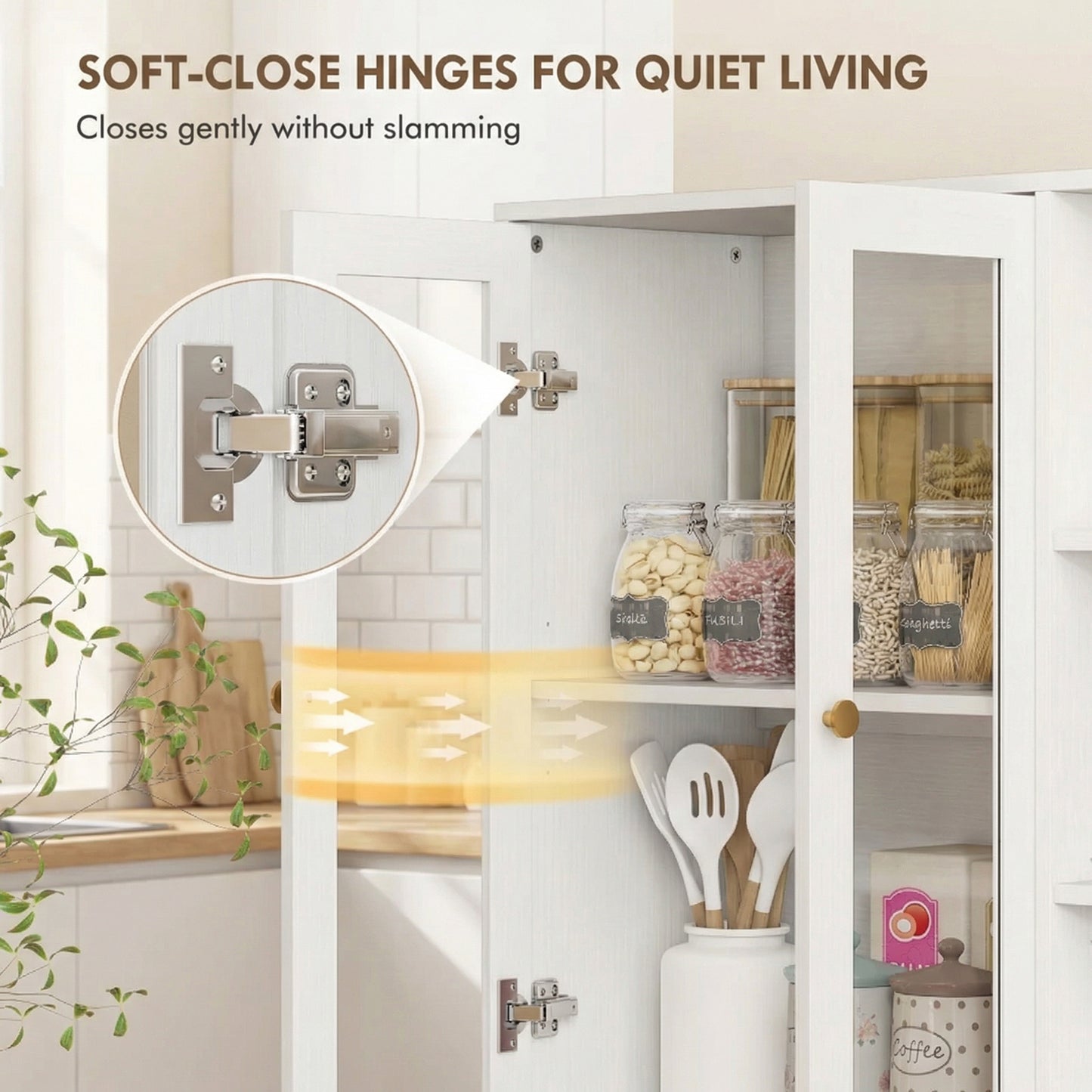 Multi-Storage Kitchen Cabinet, with Glass Doors - White Wood-Effect