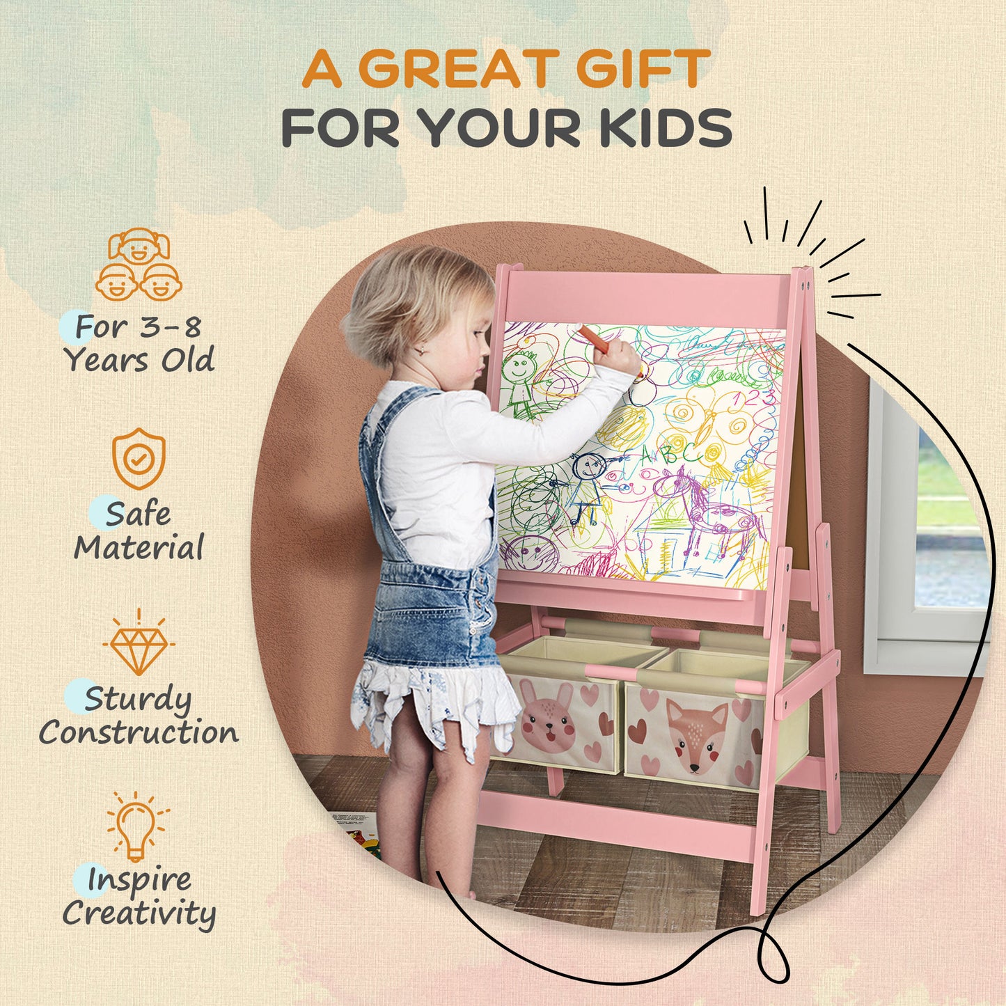 Three-In-One Kids Easel with Paper Roll, Art Easel, with Storage - Pink