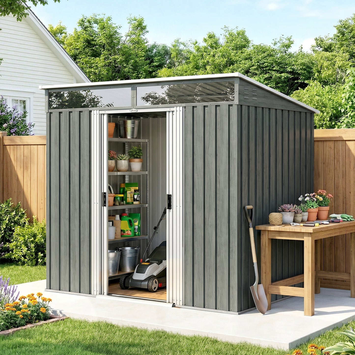 6.5 x 4FT Galvanised Metal Shed with Foundation Kit, Lockable Tool Garden Shed with Double Sliding Doors, Vents