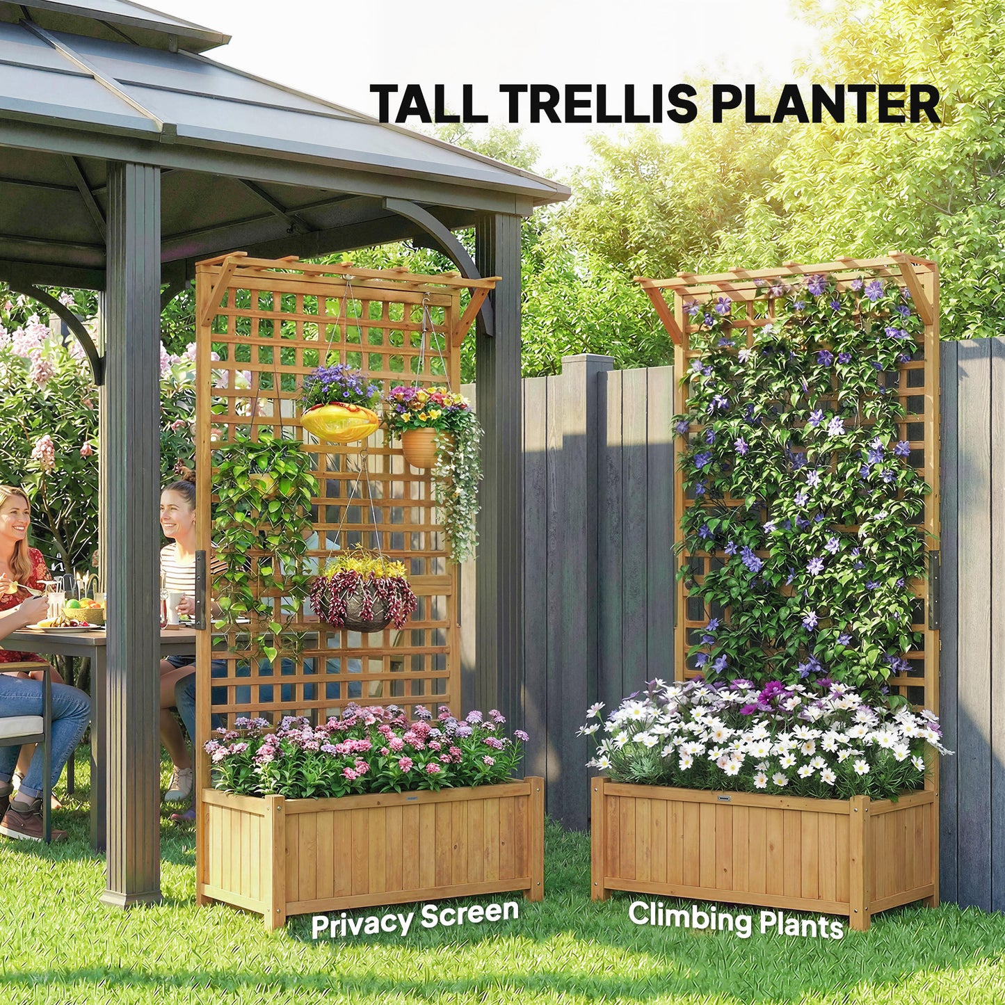 Raised Bed with Drainage Holes, Wood Planter with Trellis for Climbing Plants to Grow Vegetables, Flowers, Yellow