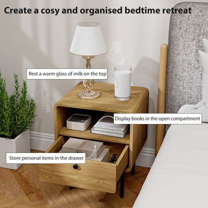 Bedside Table with Drawer and Open Shelf - Oak