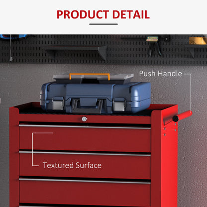 5 Drawer Tool Box on Wheels, Lockable Steel Tool Cabinet with Side Handle, Red