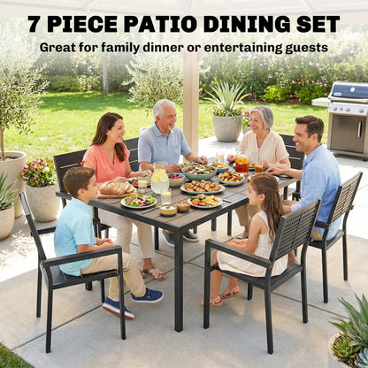 7 Pieces Outdoor Dining Set, Patio Table and Chairs for 6, Garden Dining Furniture Set with Slatted Tabletop