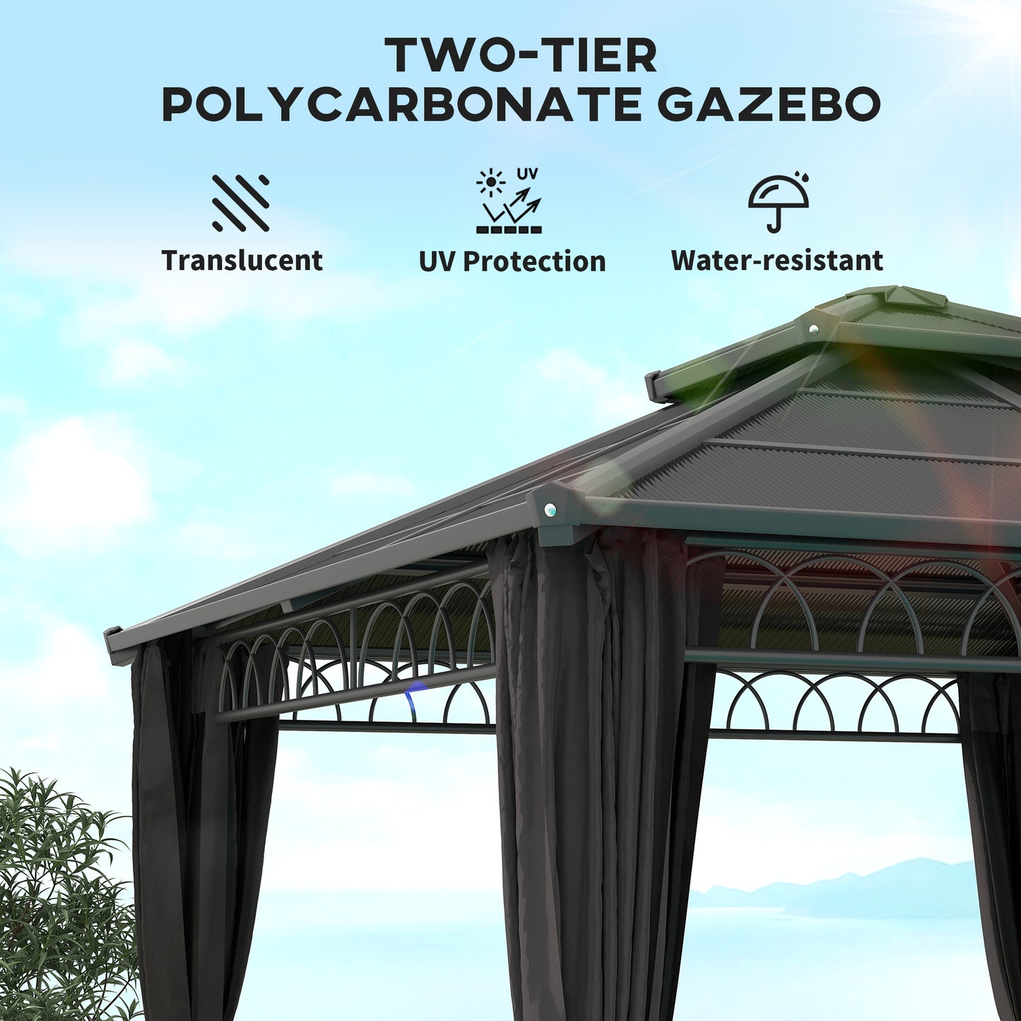 3 x 3 (m) Outdoor Polycarbonate Gazebo, Double Roof Hard Top Gazebo with Galvanised Steel Frame