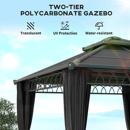 3 x 3 (m) Outdoor Polycarbonate Gazebo, Double Roof Hard Top Gazebo with Galvanised Steel Frame