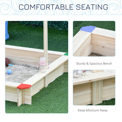 Sandpit, Kids Wooden Sandbox with Adjustable Canopy, Bench Seats & Protective Corners for 3-6 Years Boys Girls, 120x120x120cm