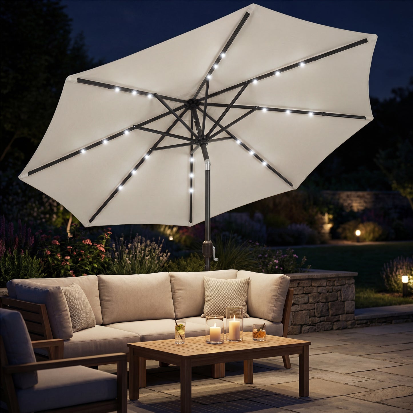 2.6 m Garden Parasol Umbrella with LED Solar Light, Parasol Cover, Outdoor Market Patio Umbrella, Light Grey