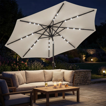 2.6 m Garden Parasol Umbrella with LED Solar Light, Parasol Cover, Outdoor Market Patio Umbrella, Light Grey