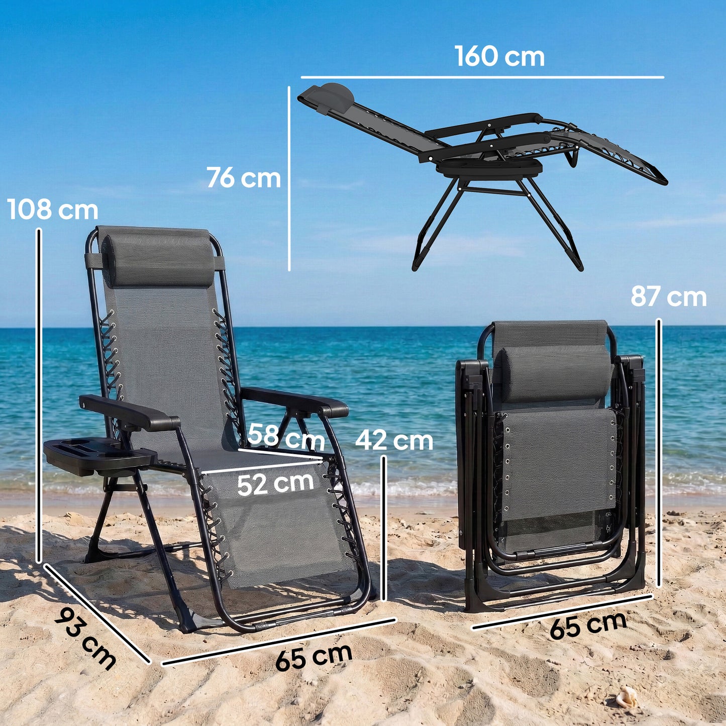 Zero Gravity Chair, Folding Sun Lounger Reclining Garden Chair with Arm Pads, Cushion, Cup Holder, Headrest, Dark Grey