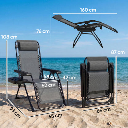 Zero Gravity Chair, Folding Sun Lounger Reclining Garden Chair with Arm Pads, Cushion, Cup Holder, Headrest, Dark Grey