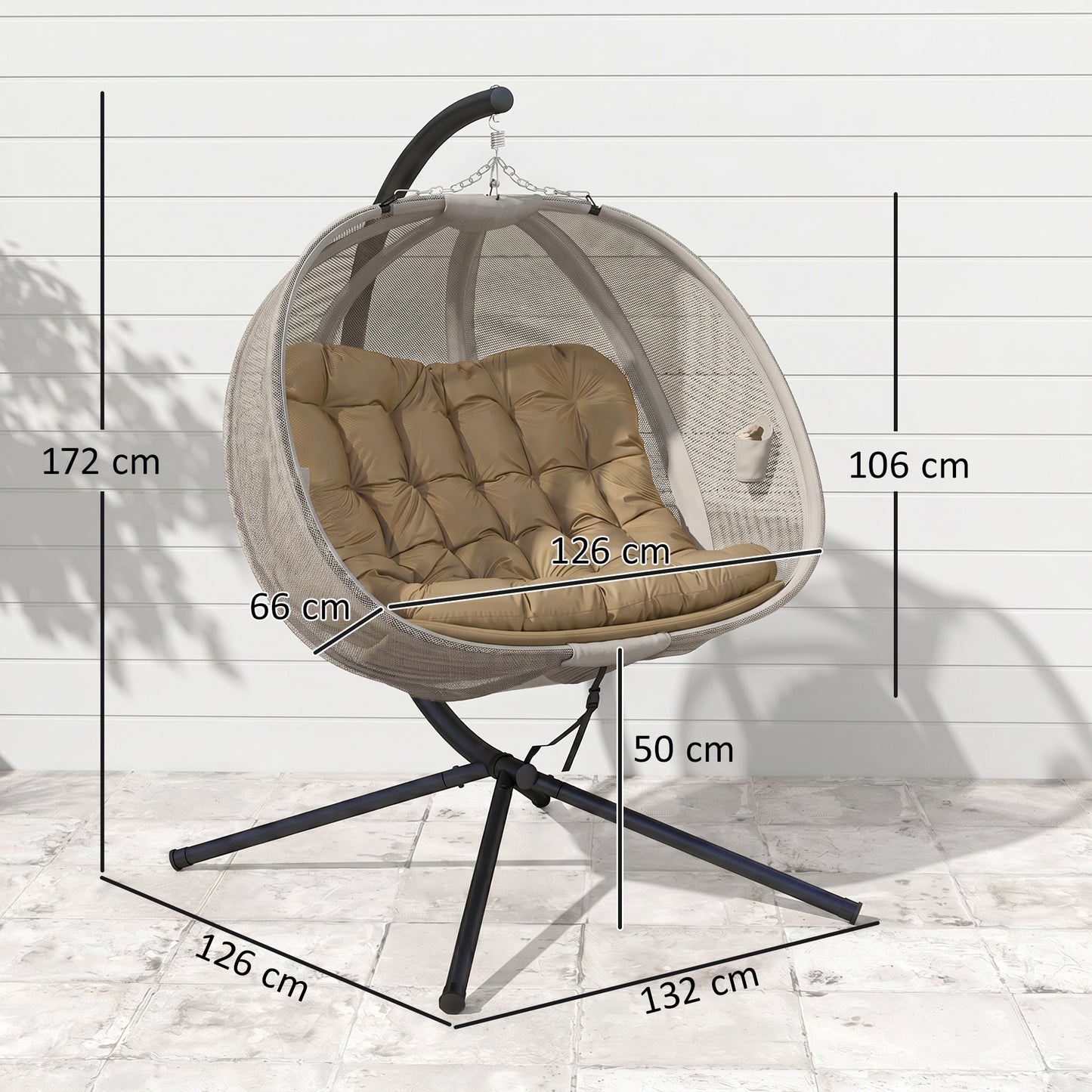 Double Hanging Egg Chair 2 Seaters Texteline Swing Hammock Chair with Stand, Cushion and Folding Design