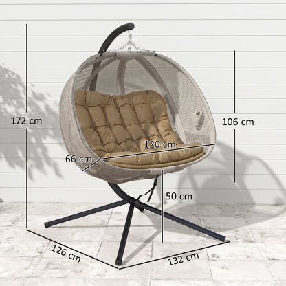 Double Hanging Egg Chair 2 Seaters Texteline Swing Hammock Chair with Stand, Cushion and Folding Design
