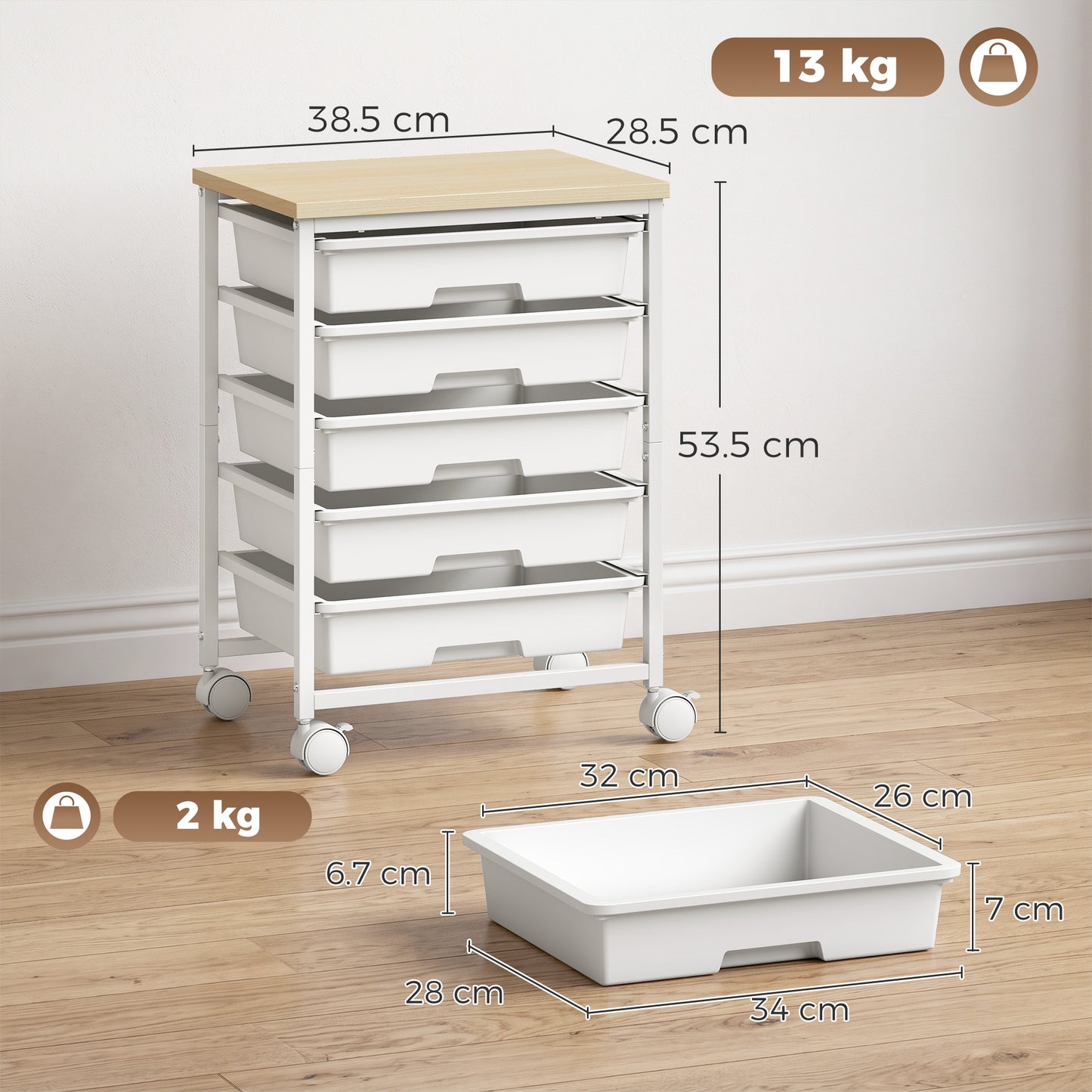 6-Tier Storage Trolley on Wheels, Metal Kitchen Rolling Cart with 5 Pull-Out Drawers, White