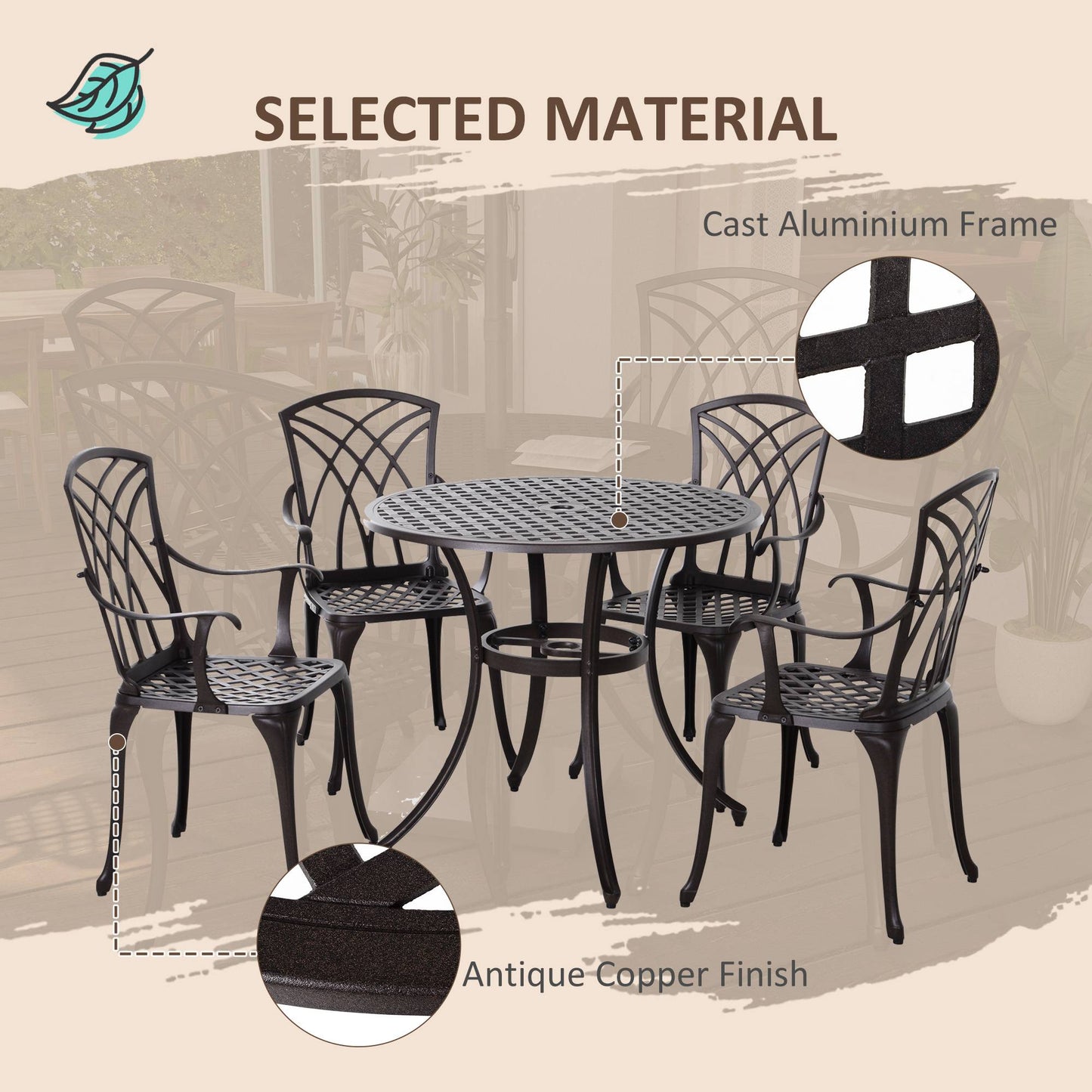 5 Pieces Garden Dining Set for 4, Cast Aluminium Outdoor Dining Set with 4 Armchairs and Round Dining Table with Parasol Hole