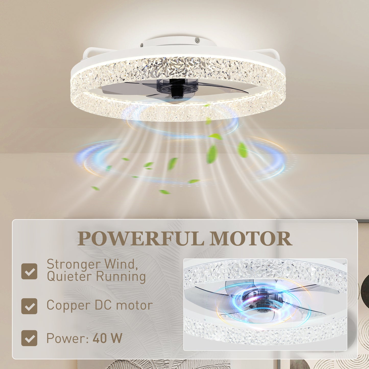 Ceiling Fan with Lights, Dimmable LED Mount Ceiling Fan Light with Remote App Control for Bedroom, White