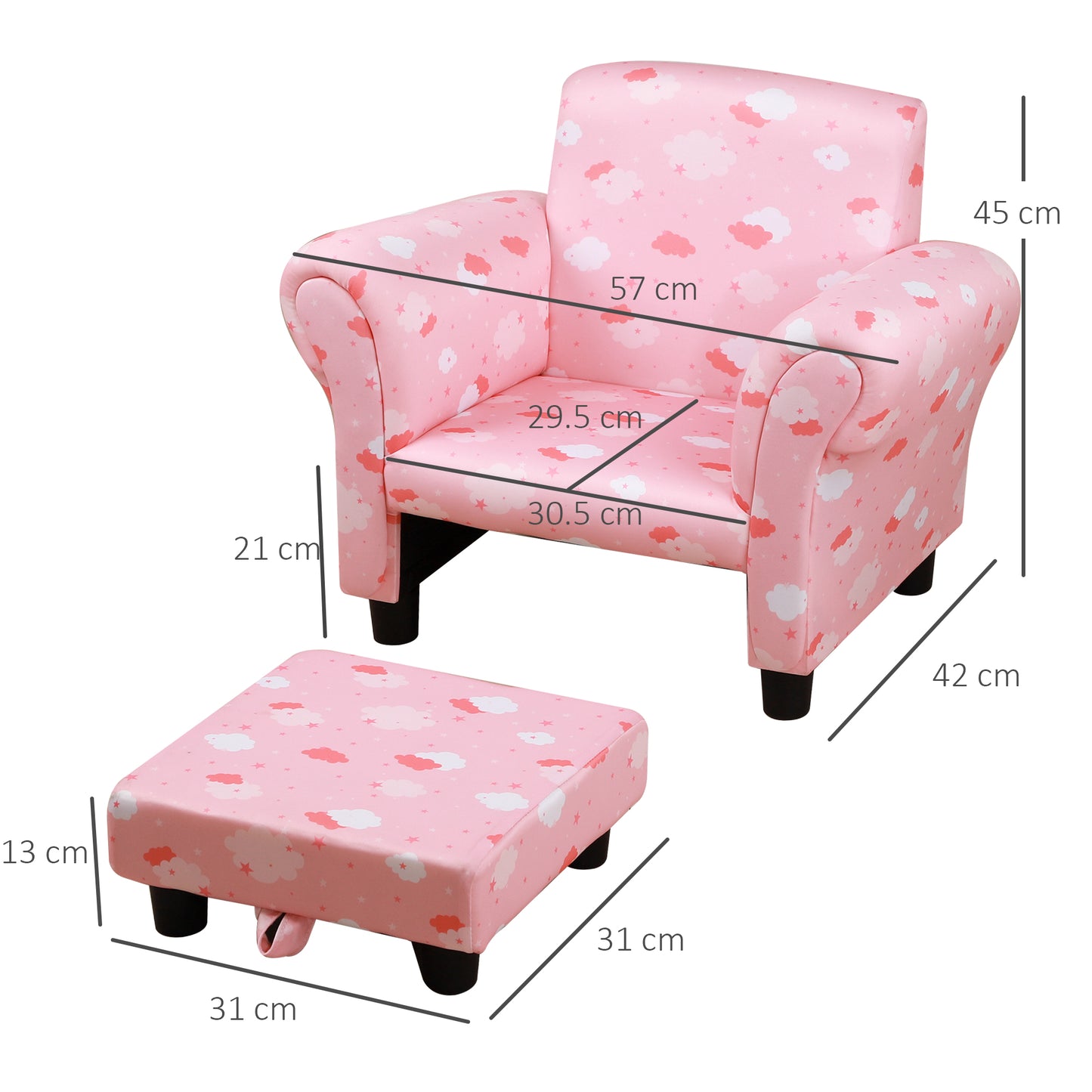 Toddler Chair Children's Armchairs Wood Frame w/ Footrest Anti-Slip Legs High Back Arms for Bedroom Playroom Cute Cloud Star