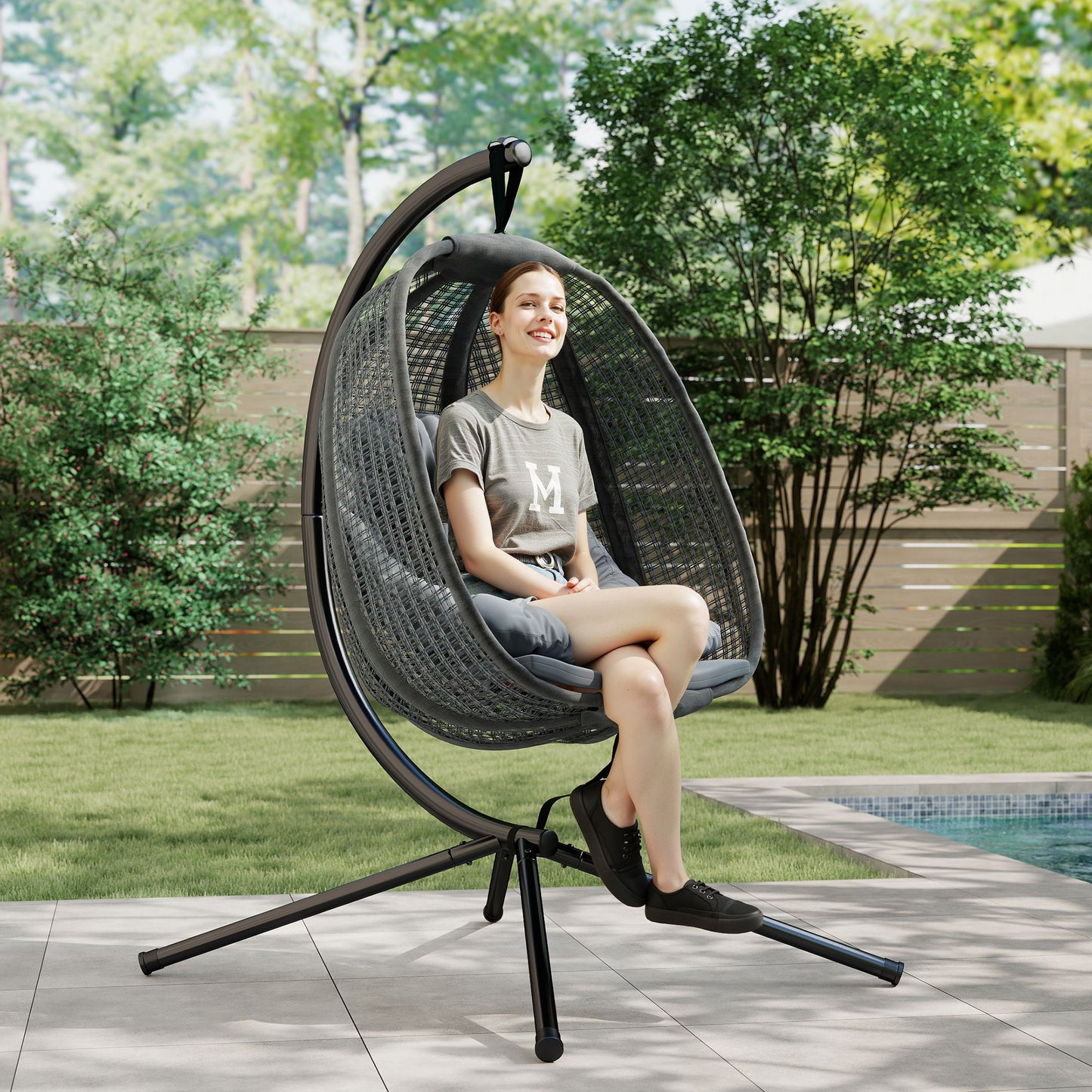 Outdoor Swing Chair with Thick Padded Cushion, Patio Hanging Chair with Metal Stand, Egg Chair with Foldable Basket