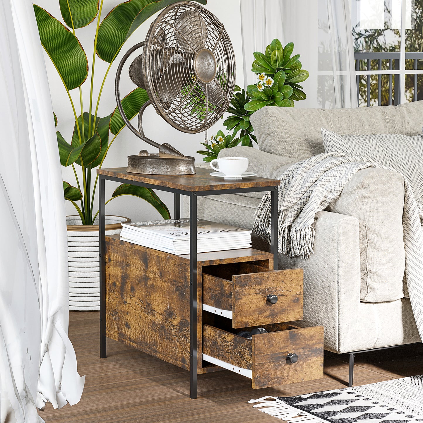 Side Table, Narrow Bedside Table with 2 Drawers and Storage Shelf, Industrial End Table with Metal Frame for Small Spaces