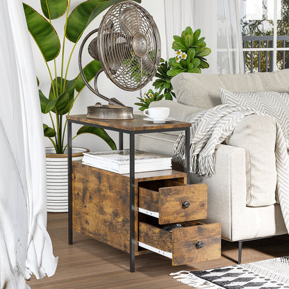 Side Table, Narrow Bedside Table with 2 Drawers and Storage Shelf, Industrial End Table with Metal Frame for Small Spaces