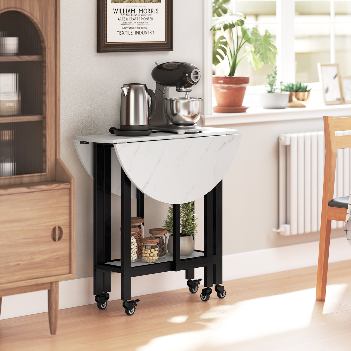 Folding Dining Table, Drop Leaf Table with Open Shelf, Rolling Kitchen Table for Dining Room, Small Spaces, White Marble