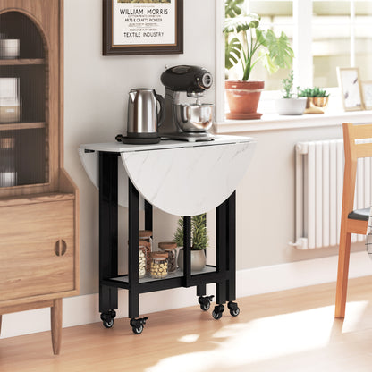 Folding Dining Table, Drop Leaf Table with Open Shelf, Rolling Kitchen Table for Dining Room, Small Spaces, White Marble