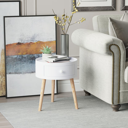 Modern Side Table, Small Coffee Table, Round Bedside Table with Drawer and Wood Legs for Living Room, Bedroom, White