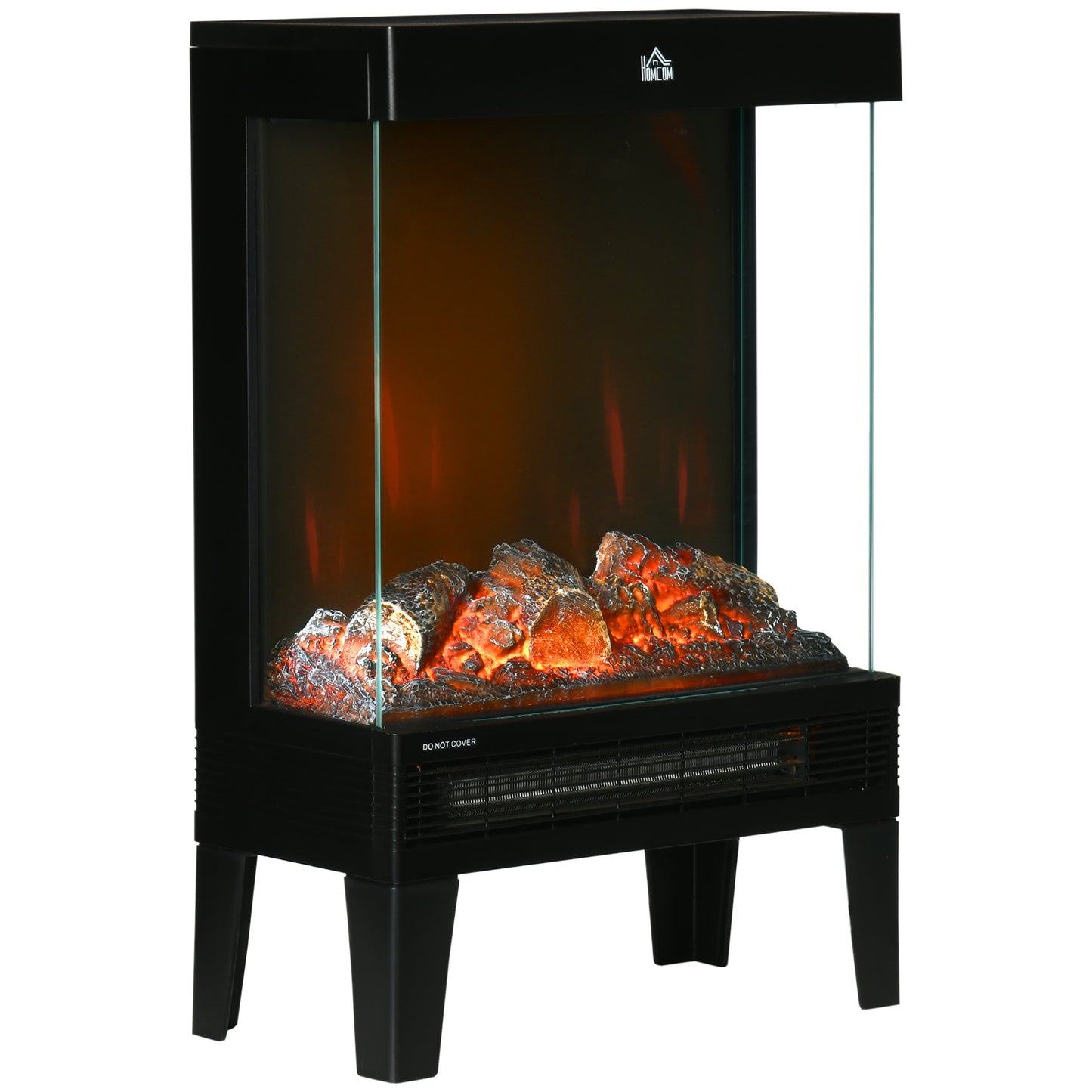 180° Charming Electric Fireplace Heater, Quiet Freestanding Stove with LED Flame Effect, 3-Sided Tempered Glass Panels