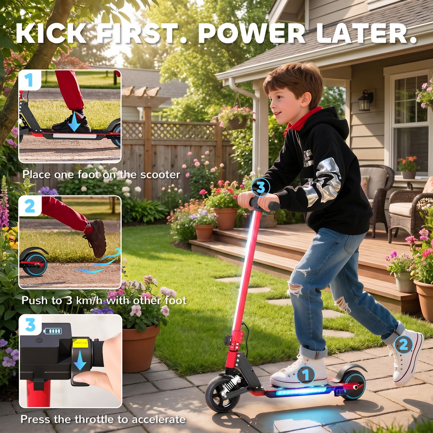 Folding Electric Scooter for Kids, with Dual Brakes, Front Suspension, LED Colourful Lights, Red