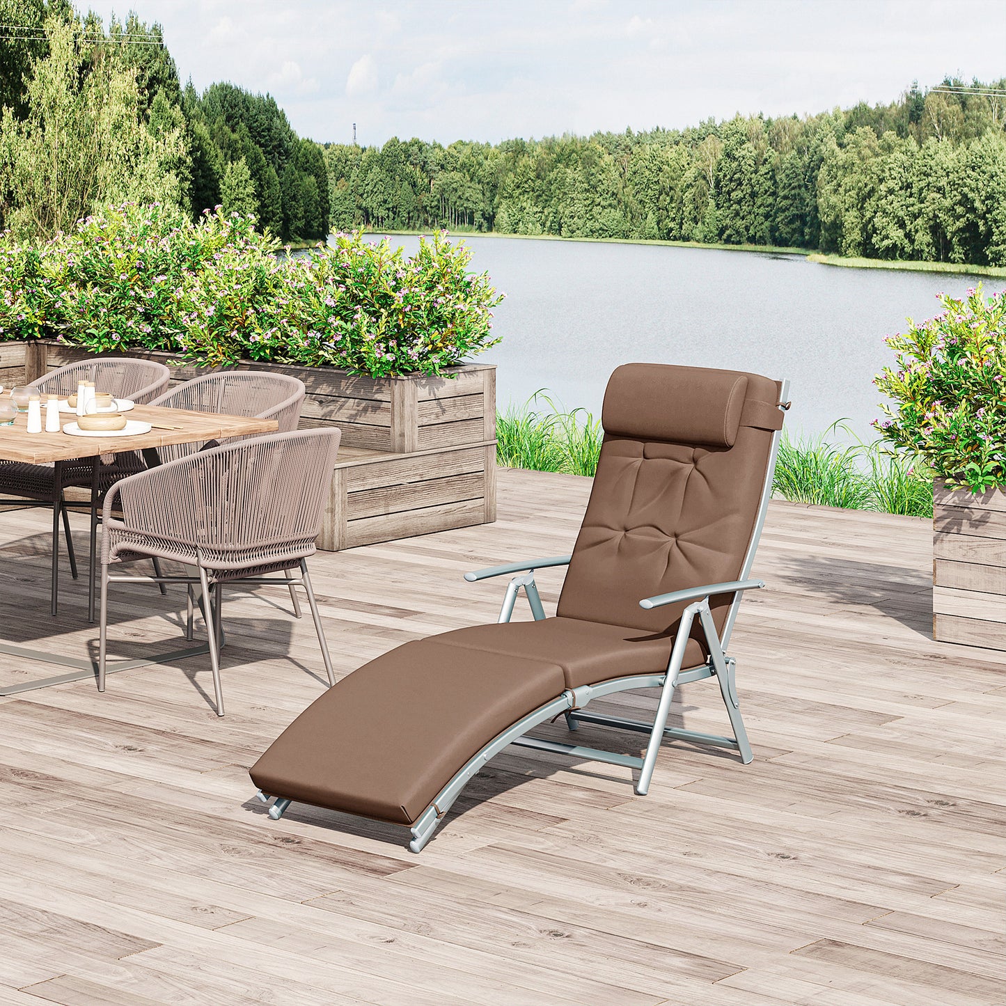 Sun Lounger Steel Frame Outdoor Folding Chaise Texteline Lounge Chair Recliner with Headrest & 7 Levels Adjustable Backrest