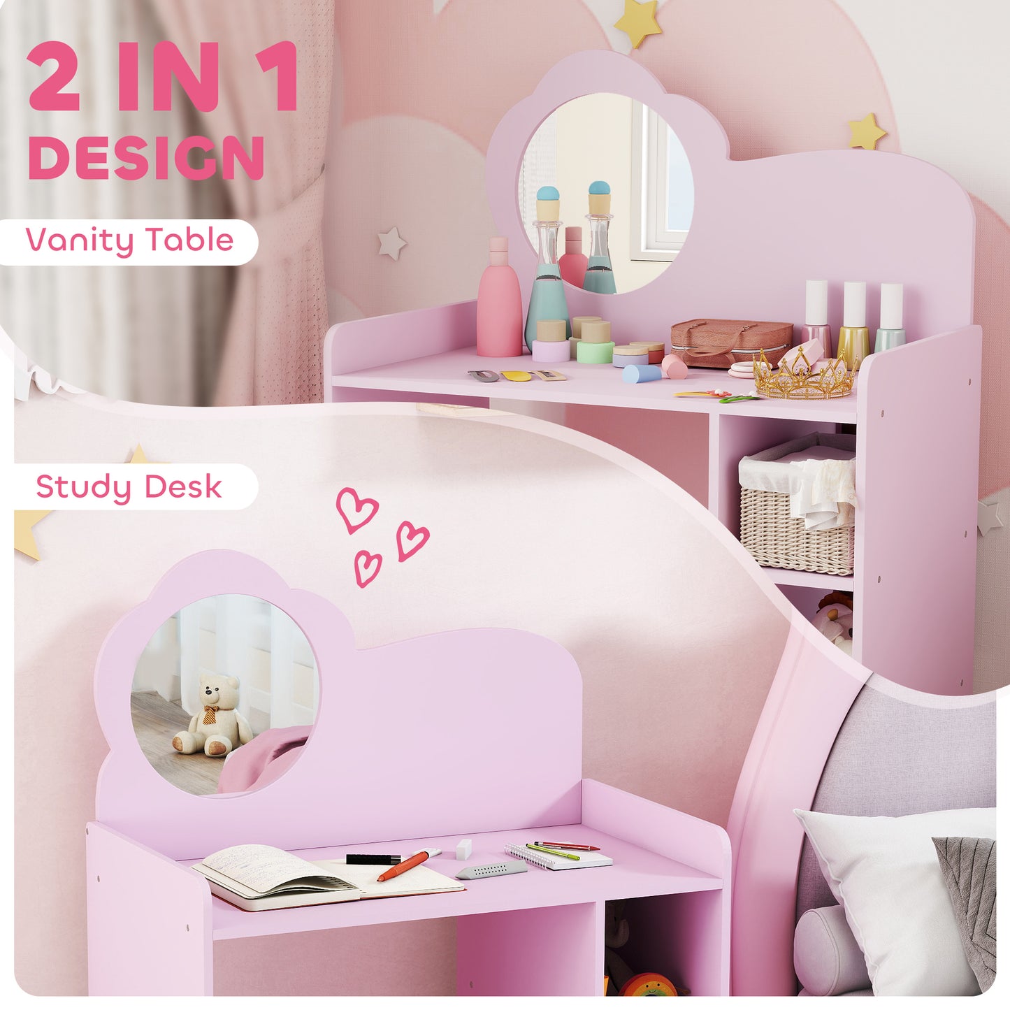 Kids Dressing Table with Mirror, Stool, Kids Vanity Table with Shelves, for Ages 3-8 Years, Purple