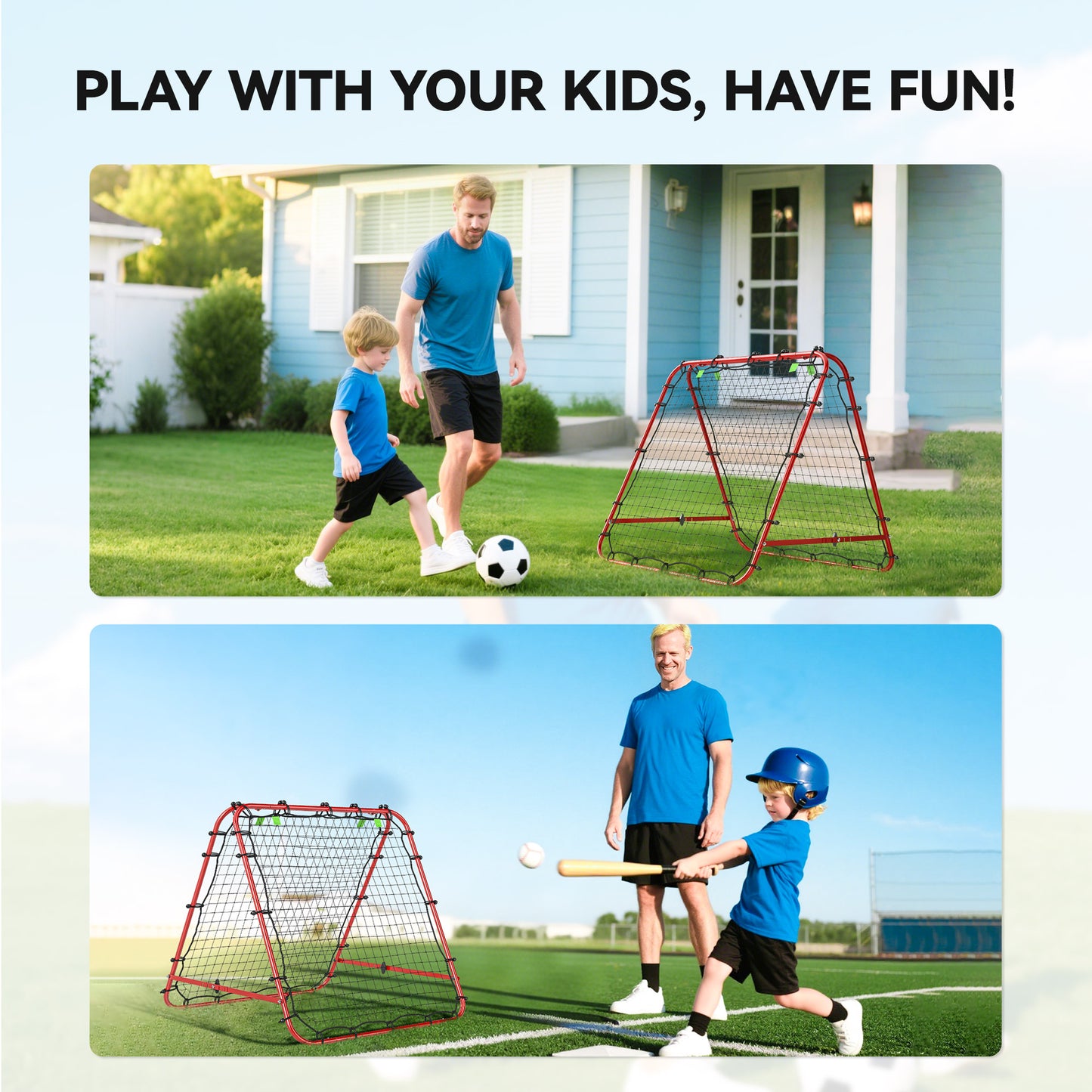 Double Sided Football Rebounder Net, Football Rebound Goal with Five Adjustable Angles, Red