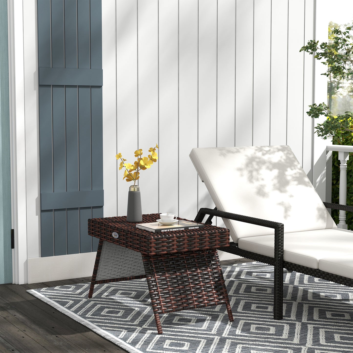 Foldable Outdoor Side Table, Rattan Garden Coffee Table with Steel Frame, Space Saving Bistro Garden Furniture for Patio