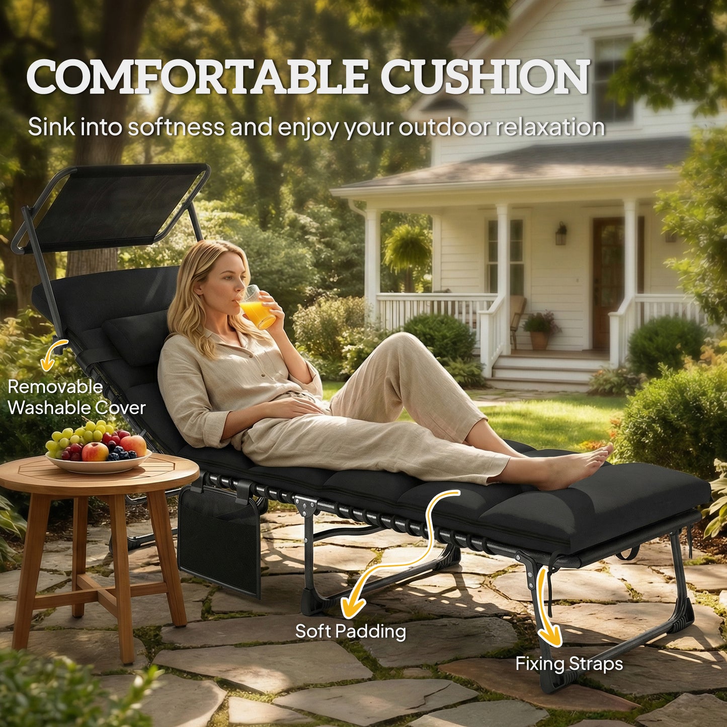 Folding Sun Lounger with Canopy, Reclining Sunbed with Cushion, Side Pocket, Carrying Handle, Black