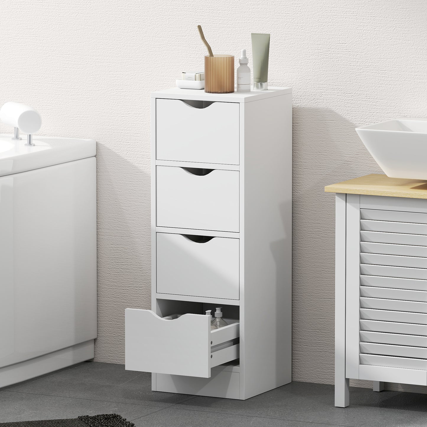 4-Drawer Bathroom Cabinet, Freestanding Narrow Storage Cabinet with Groove Handles for Small Spaces, White