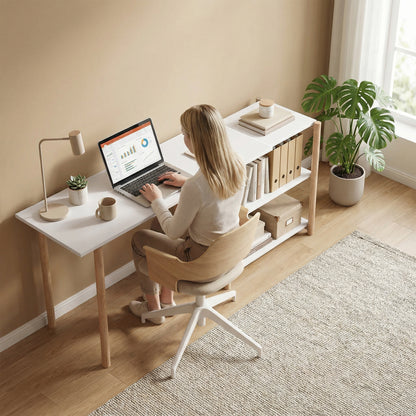 Computer Desk with Storage Shelves Modern Writing Desk Bamboo Frame for Home Office 150 cm White and Oak