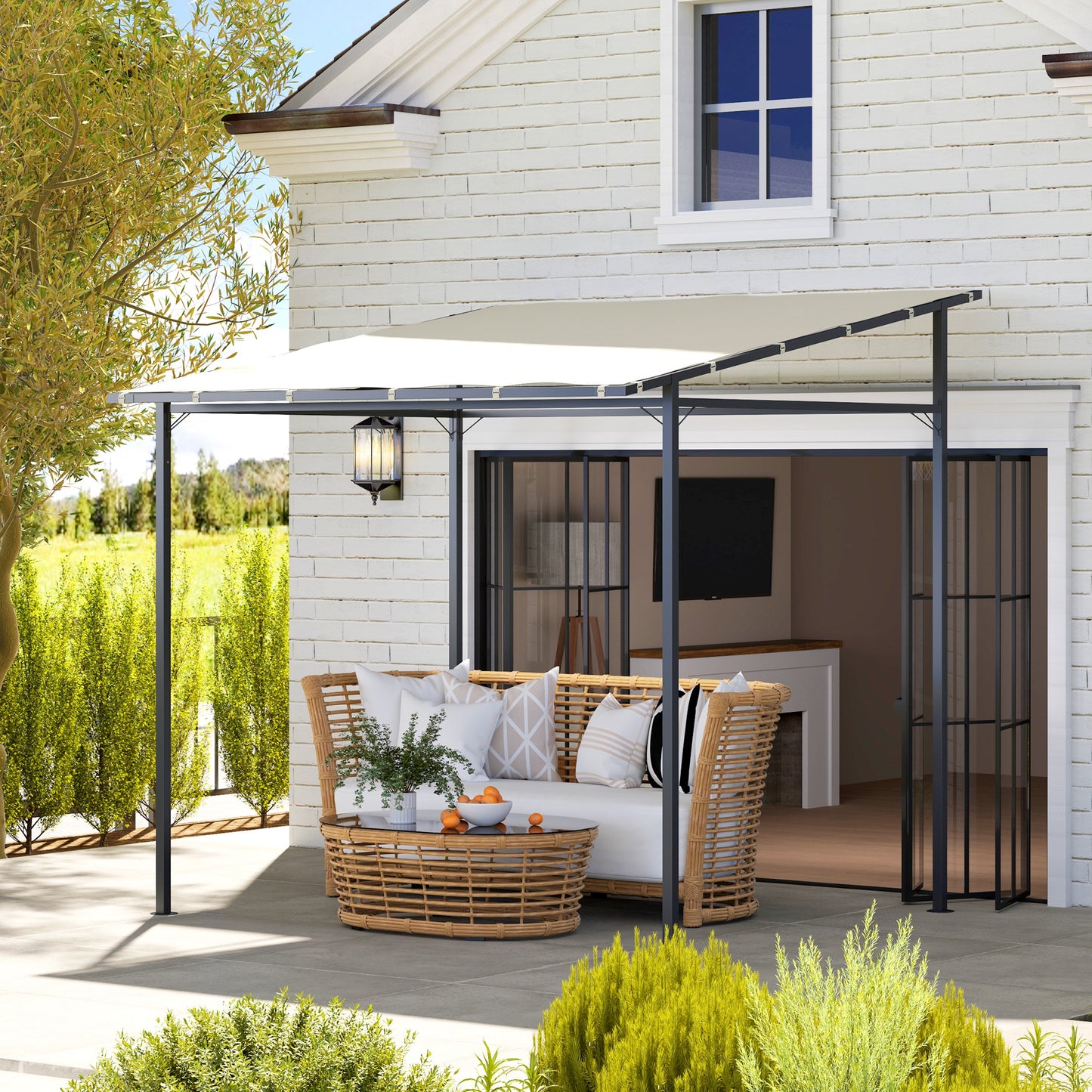 2.4 x 2.4 m Wall Mounted Pergola Gazebo with PA Coating Fabric and Metal Frame, UPF30+, Lean to Garden Gazebo