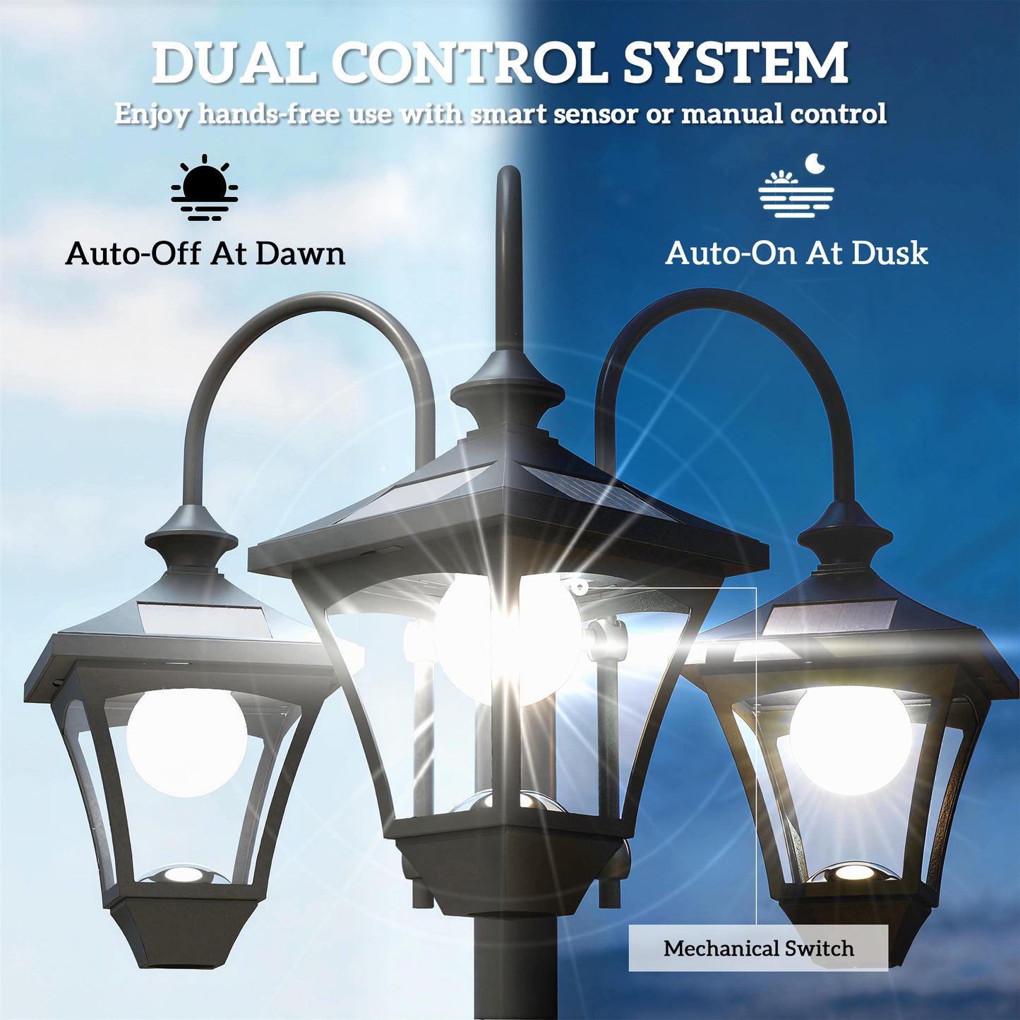 Solar Lamp Post with Dusk-to-Dawn Sensor Street Light with 3-Head Planter 185 cm Black
