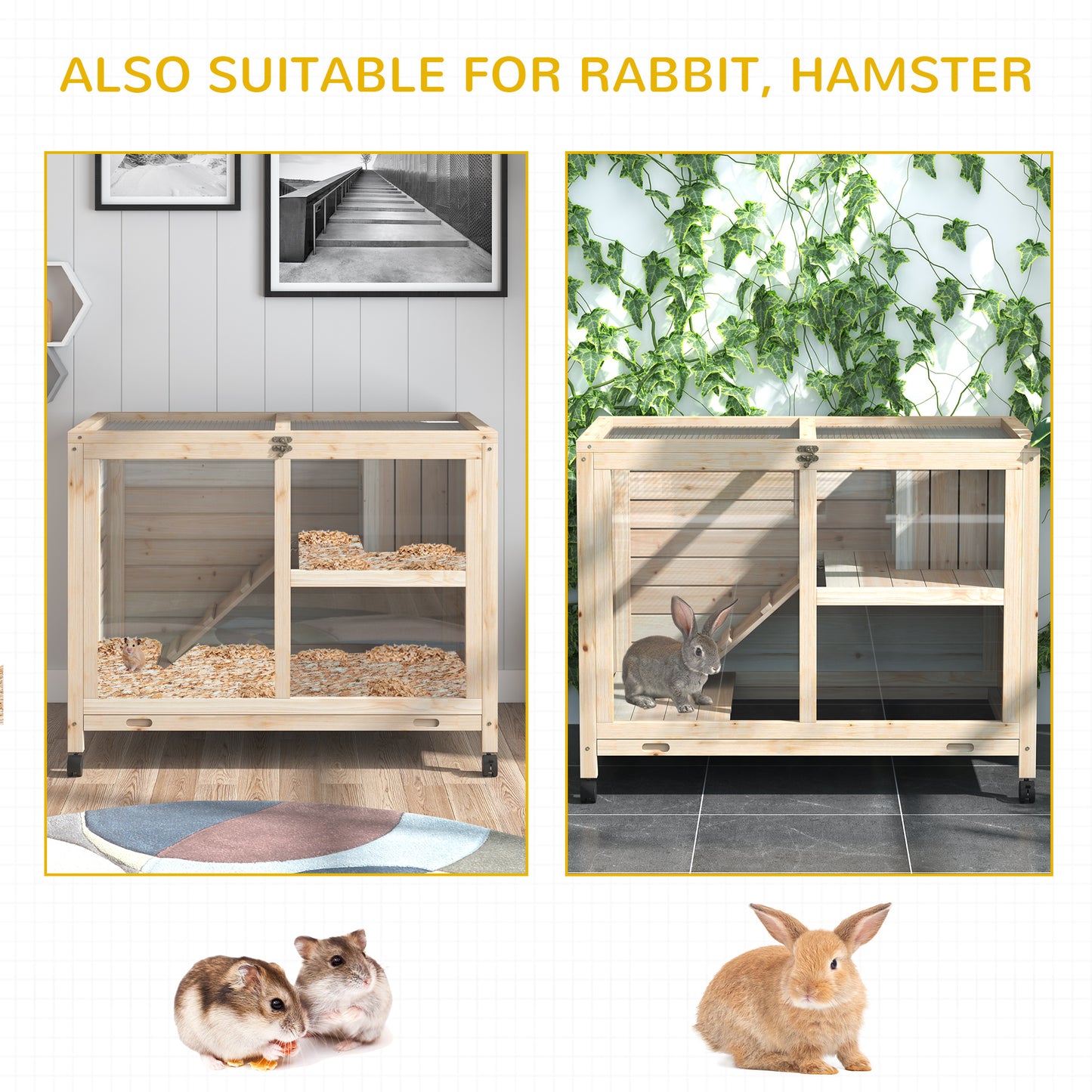 Rabbit Hutch Indoor with Wheels, Wooden Guinea Pig House Hamster Cage, 2 Layers Bunny Cage with Openable Roof