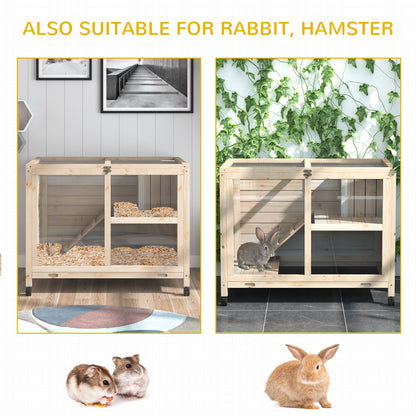 Rabbit Hutch Indoor with Wheels, Wooden Guinea Pig House Hamster Cage, 2 Layers Bunny Cage with Openable Roof