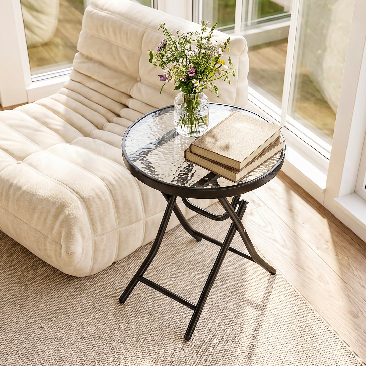 Foldable Garden Side Table, Round Folding Table with Glass Tabletop and Safety Buckle for Patio, Garden, Outdoor, Indoor