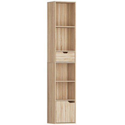 6-Tier Bookcase, Tall Narrow Bookshelf with Drawer and Door - Natural Wood Finish