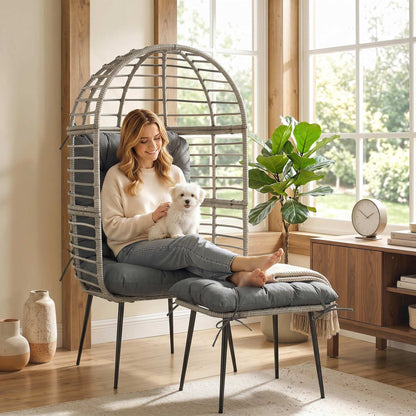 Garden Egg Chair with Footstool, Rattan Indoor Outdoor Lounge Chair and Ottoman Set with Thick Cushions, Light Grey