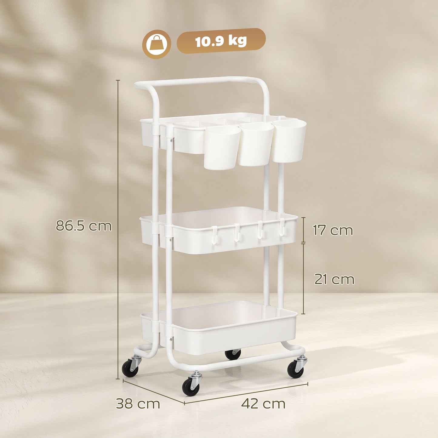 Three-Tier Home Trolley, with Handle and Wheels - White