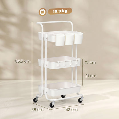 Three-Tier Home Trolley, with Handle and Wheels - White
