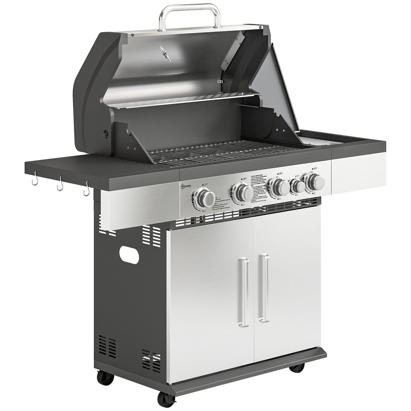 4+1 Burner Gas BBQ Grill, Portable Gas Barbecue Grill with Side Burner, Warming Rack, Side Shelf, Storage Cabinet