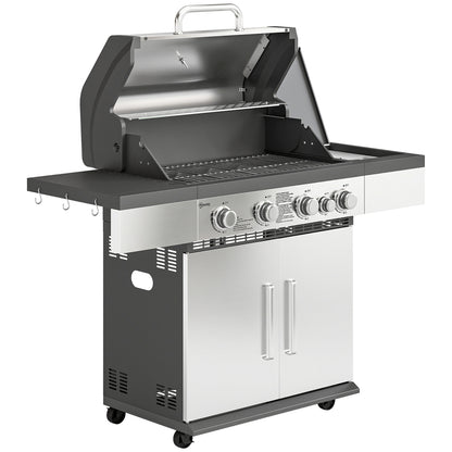 4+1 Burner Gas BBQ Grill, Portable Gas Barbecue Grill with Side Burner, Warming Rack, Side Shelf, Storage Cabinet