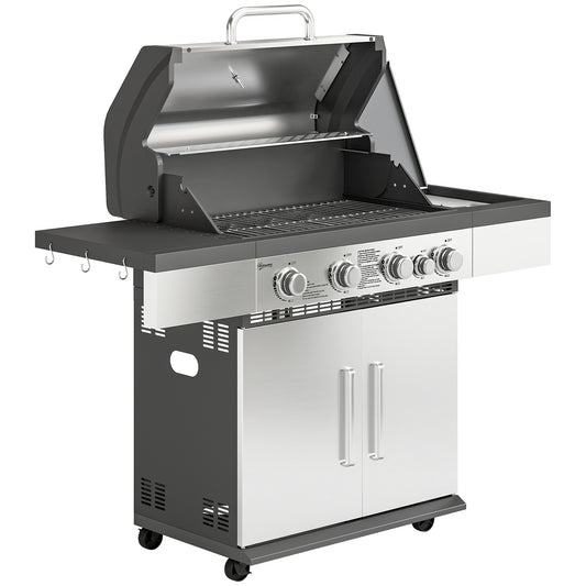 4+1 Burner Gas BBQ Grill, Portable Gas Barbecue Grill with Side Burner, Warming Rack, Side Shelf, Storage Cabinet