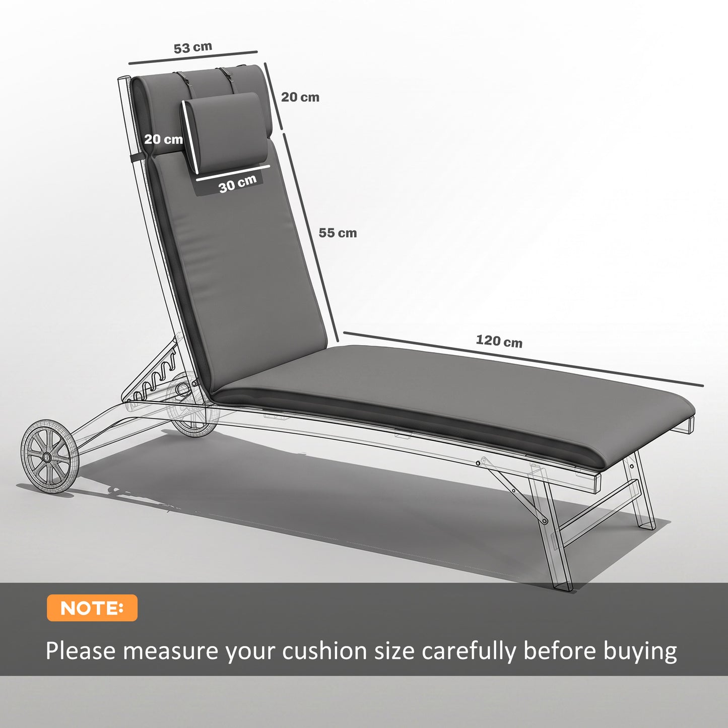 Garden Sun Lounger Cushion Replacement Soft Sunbed Reclining Chair Relaxer Pad with Pillow, Cushion ONLY - Grey