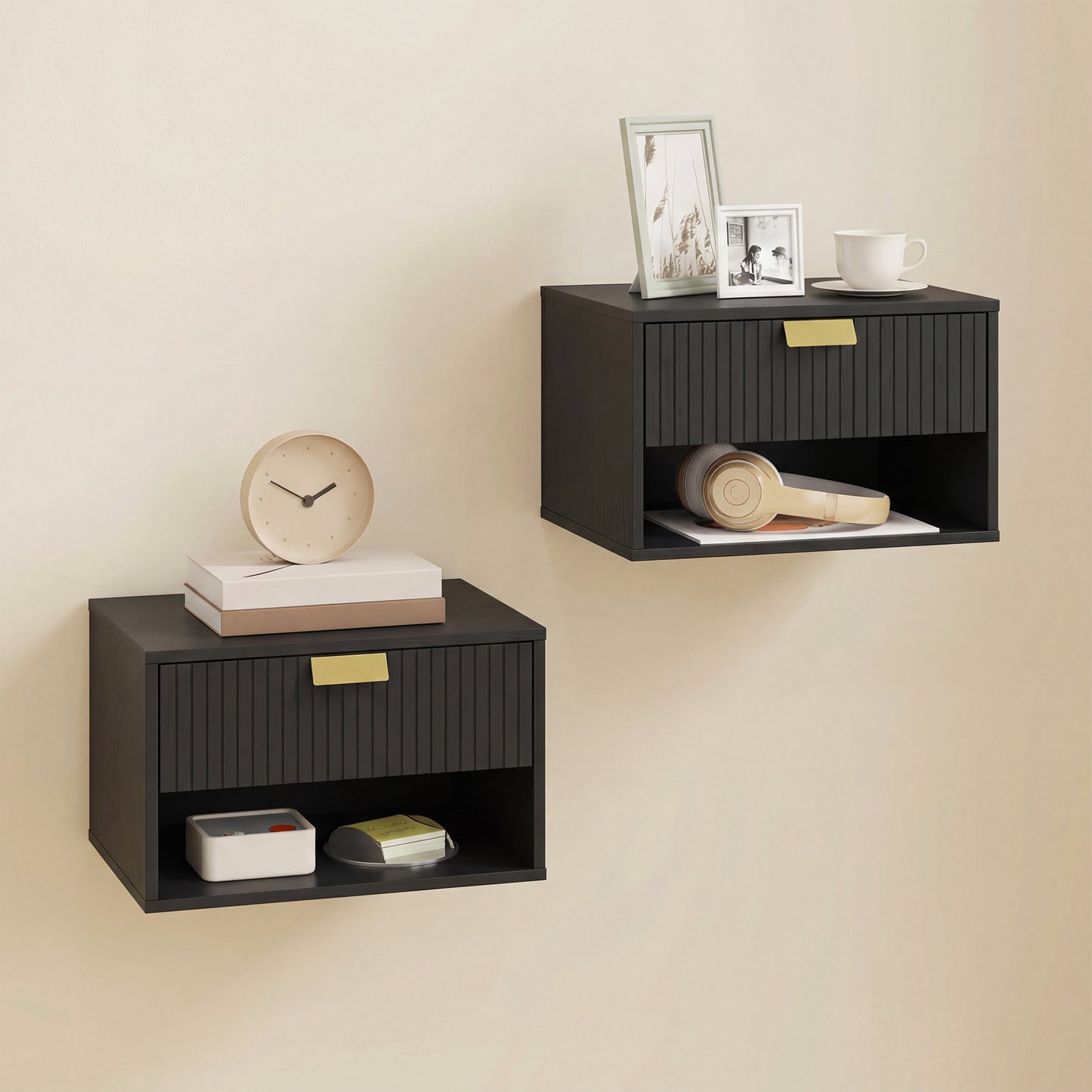 Set of 2 Wall Mounted Nightstands, Floating Bedside Tables with Fluted Drawer and Open Shelf for Small Bedroom, Black