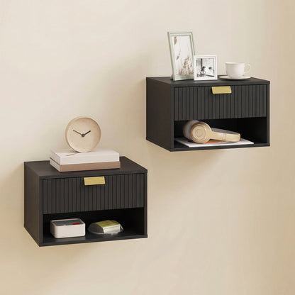 Set of 2 Wall Mounted Nightstands, Floating Bedside Tables with Fluted Drawer and Open Shelf for Small Bedroom, Black